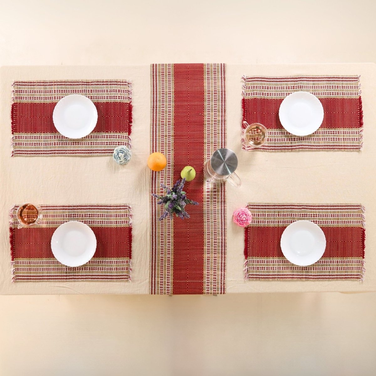 Handmade Dining Table Mats and Table Runner in Maroon Set of 6 and 4 | Eco Friendly Tableware Sustainably Handwoven from Natural Grass