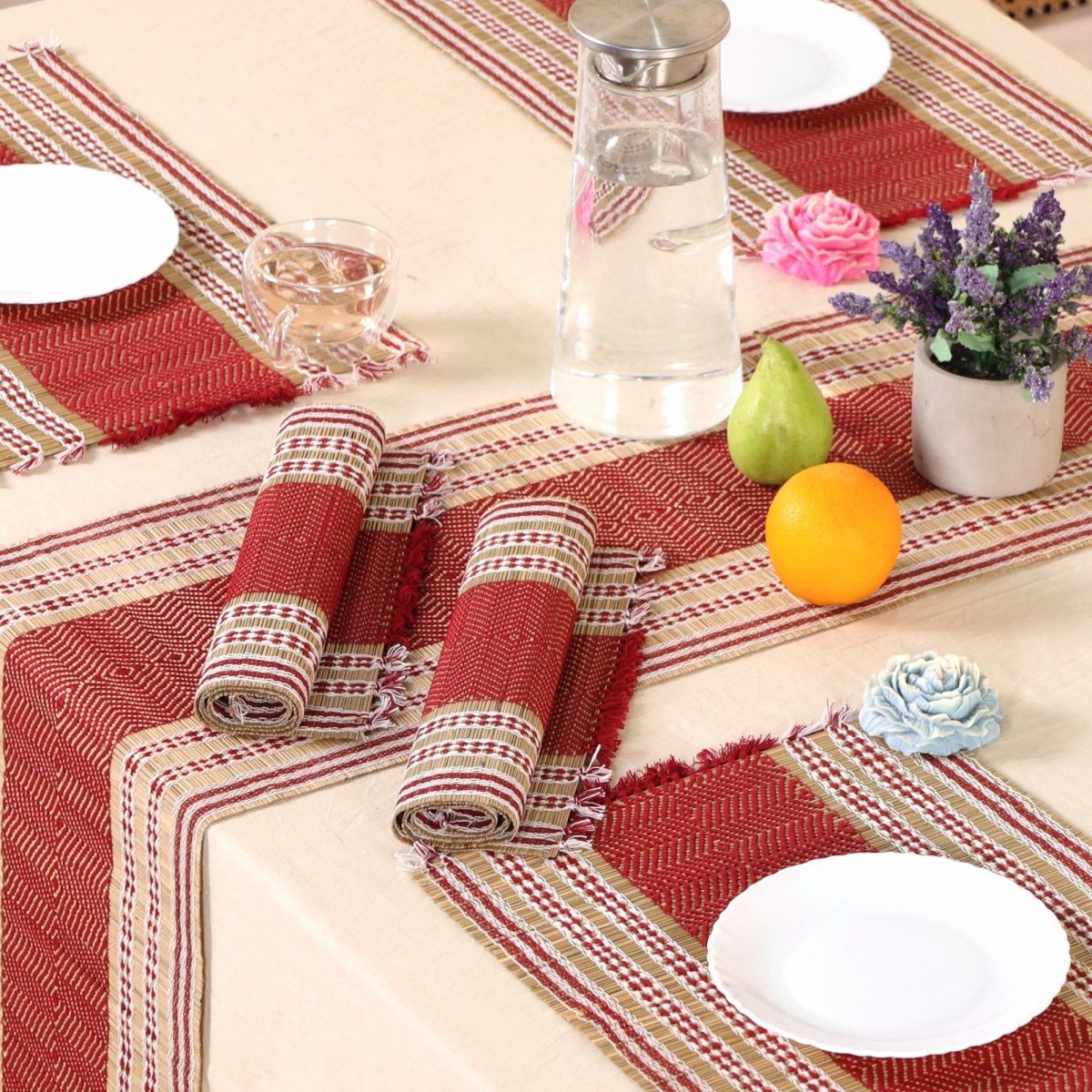 Handmade Dining Table Mats and Table Runner in Maroon Set of 6 and 4 | Eco Friendly Tableware Sustainably Handwoven from Natural Grass