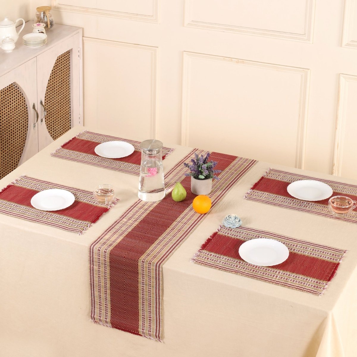 Handmade Dining Table Mats and Table Runner in Maroon Set of 6 and 4 | Eco Friendly Tableware Sustainably Handwoven from Natural Grass
