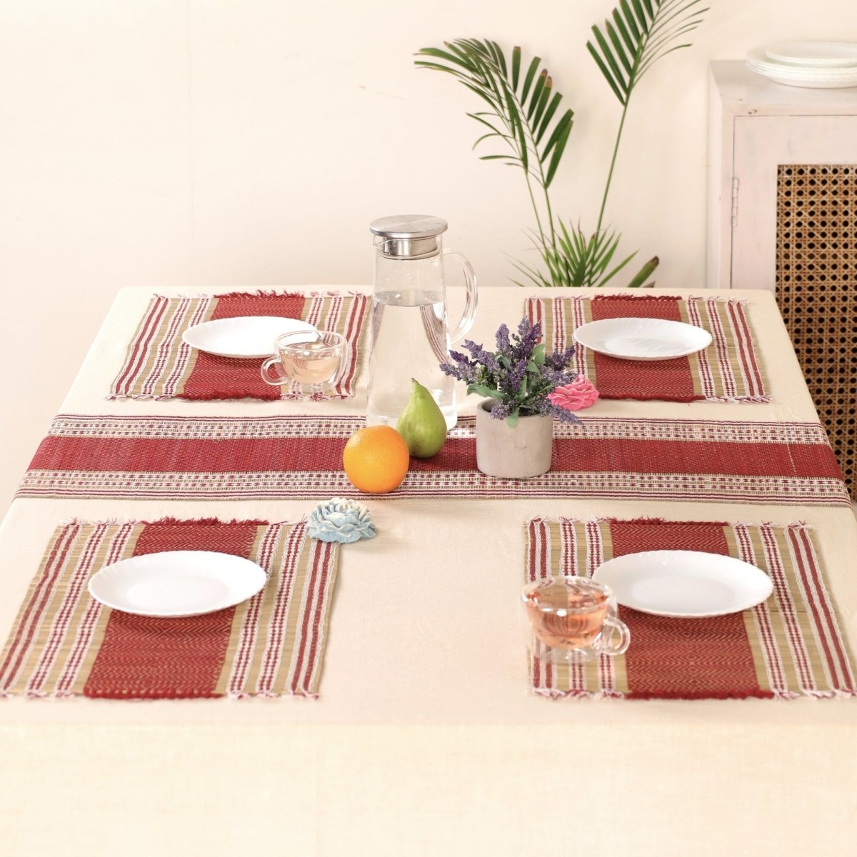 Handmade Dining Table Mats and Table Runner in Maroon Set of 6 and 4 | Eco Friendly Tableware Sustainably Handwoven from Natural Grass