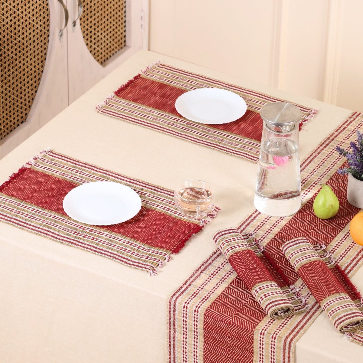Handmade Dining Table Mats and Table Runner in Maroon Set of 6 and 4 | Eco Friendly Tableware Sustainably Handwoven from Natural Grass