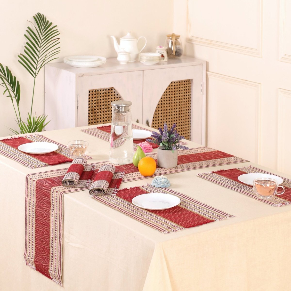 Handmade Dining Table Mats and Table Runner in Maroon Set of 6 and 4 | Eco Friendly Tableware Sustainably Handwoven from Natural Grass