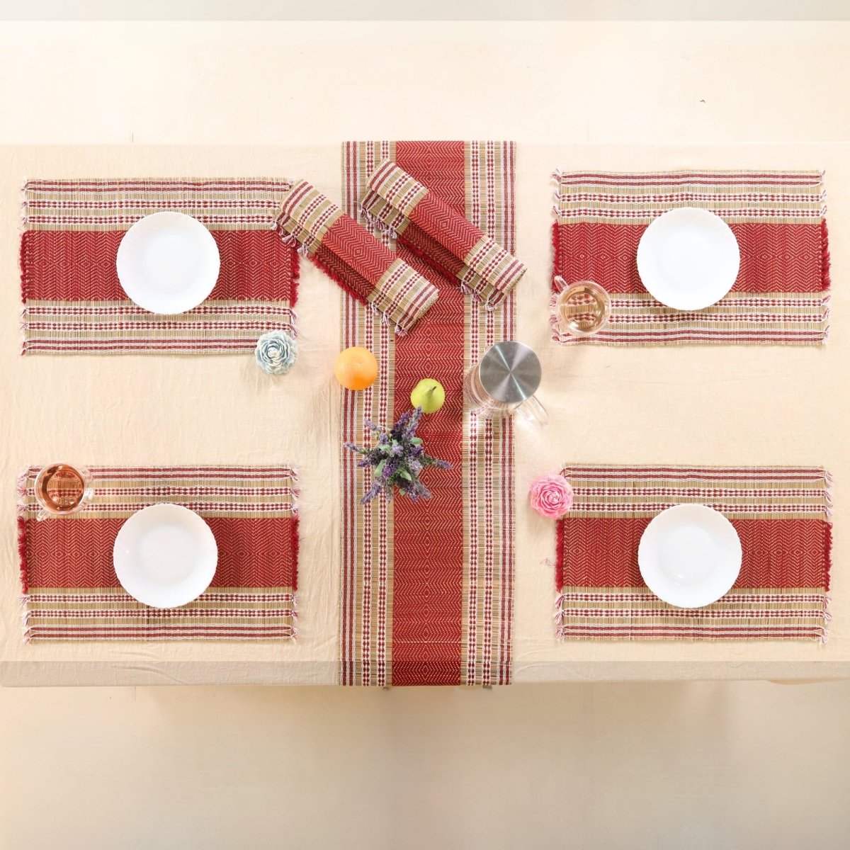 Handmade Dining Table Mats and Table Runner in Maroon Set of 6 and 4 | Eco Friendly Tableware Sustainably Handwoven from Natural Grass
