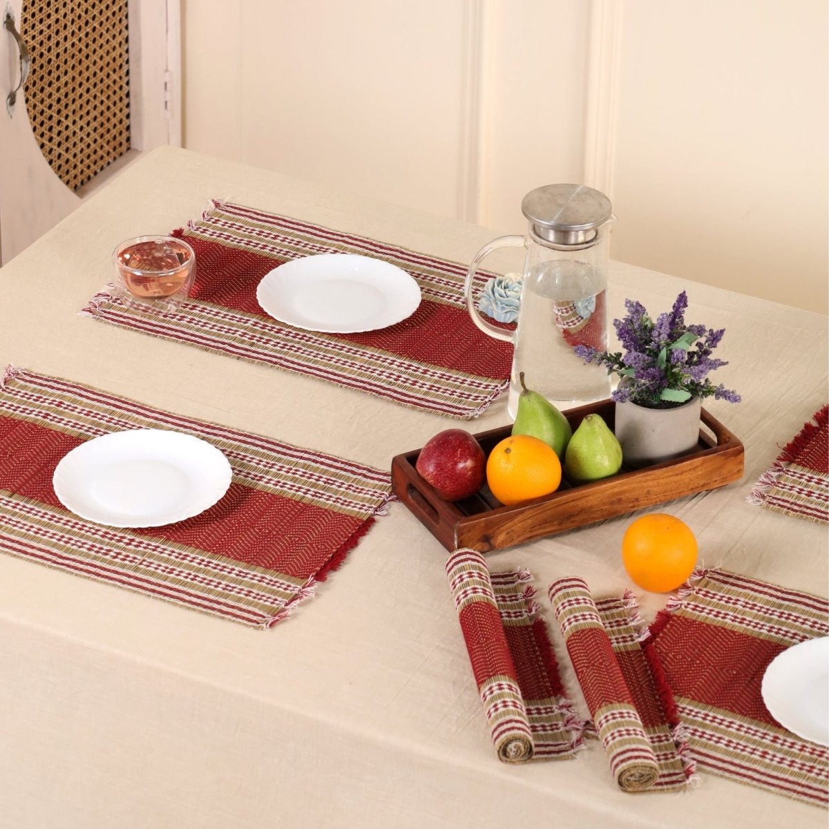 Handmade Dining Table Mats In Maroon (Set Of 4/6) | Eco Friendly Tableware Sustainably Handwoven from Natural Grass