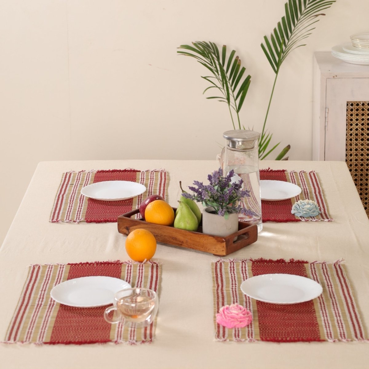 Handmade Dining Table Mats In Maroon (Set Of 4/6) | Eco Friendly Tableware Sustainably Handwoven from Natural Grass