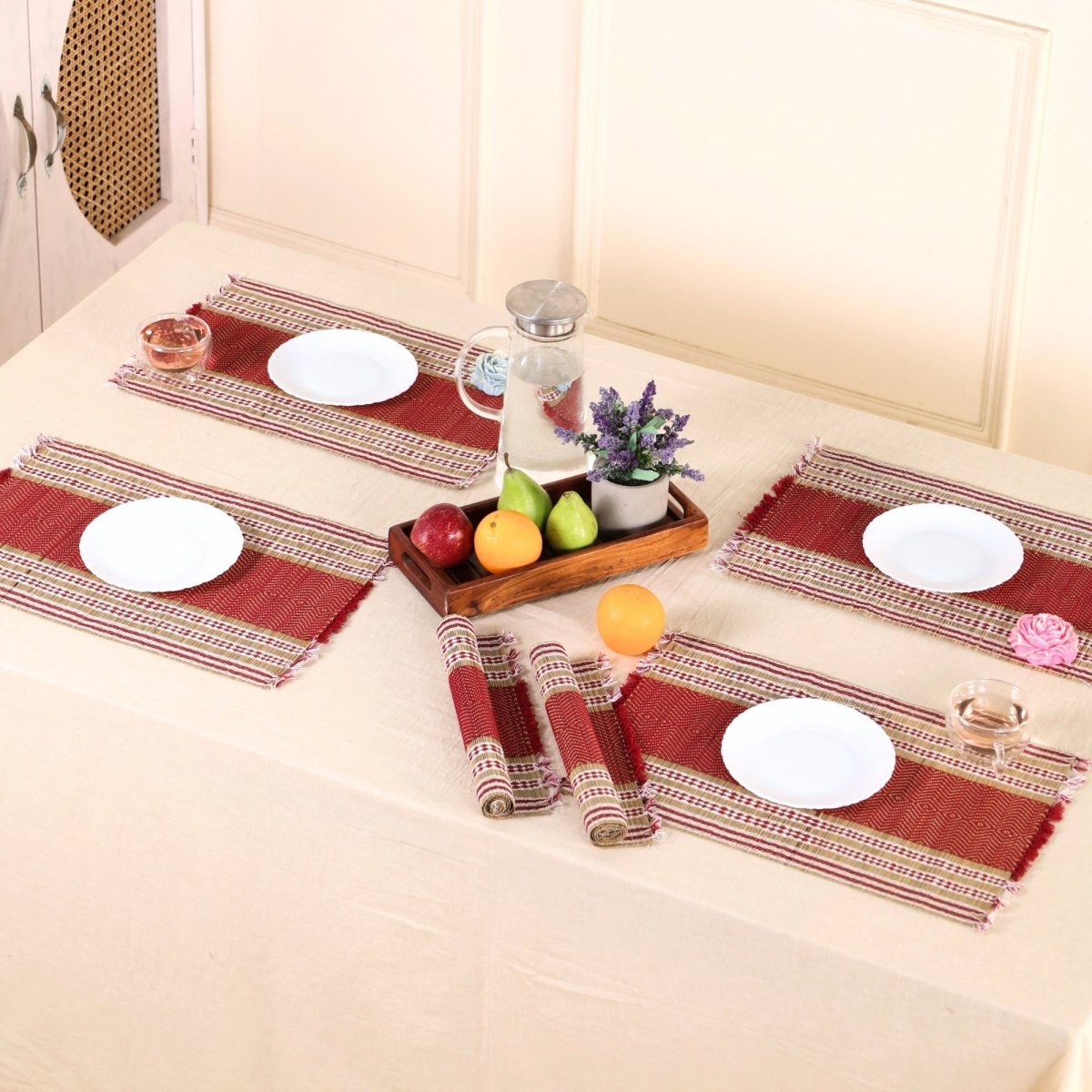 Handmade Dining Table Mats In Maroon (Set Of 4/6) | Eco Friendly Tableware Sustainably Handwoven from Natural Grass