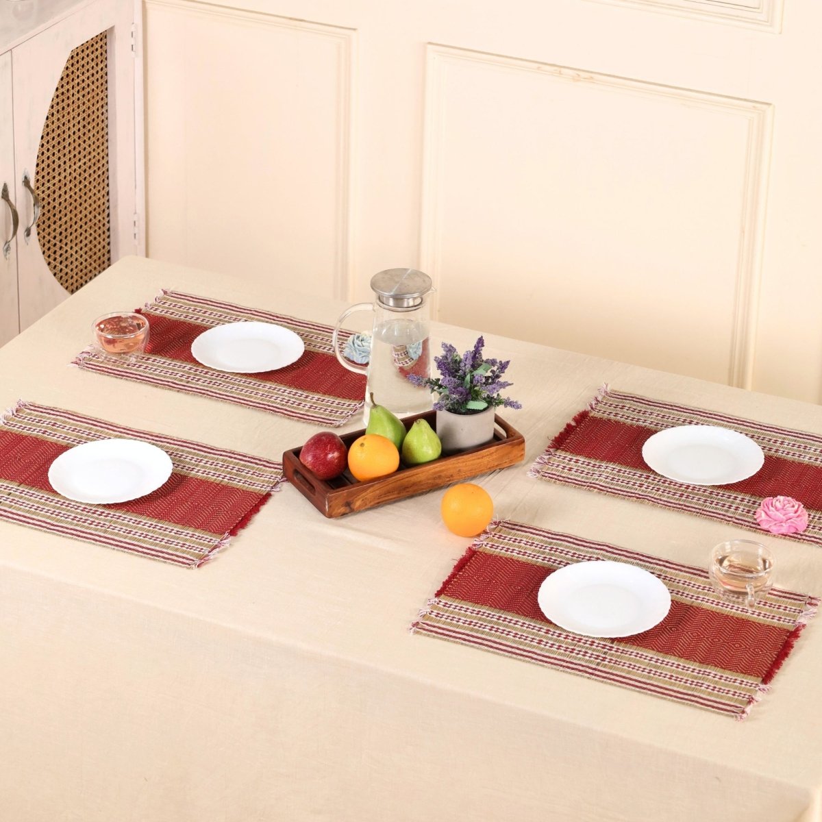 Handmade Dining Table Mats In Maroon (Set Of 4/6) | Eco Friendly Tableware Sustainably Handwoven from Natural Grass