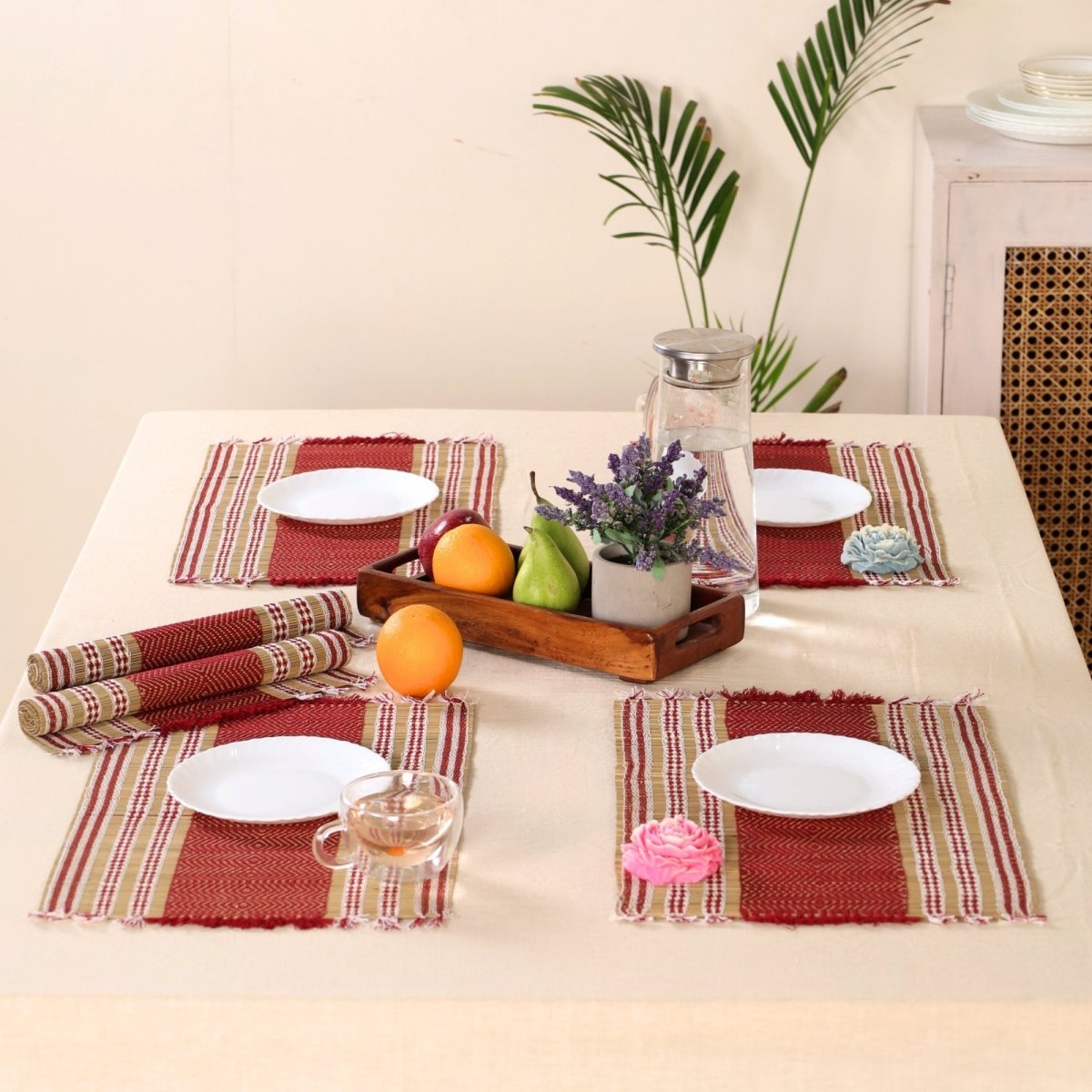Handmade Dining Table Mats In Maroon (Set Of 4/6) | Eco Friendly Tableware Sustainably Handwoven from Natural Grass