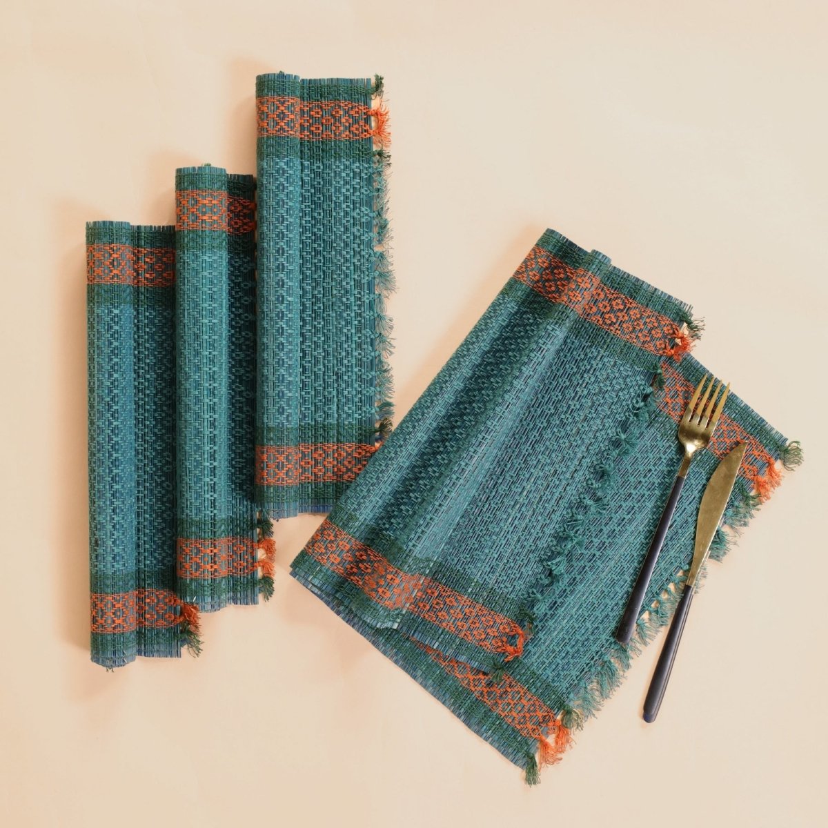 Handmade Dining Table Mats In Teal (Set Of 4/6) | Eco Friendly Tableware Sustainably Handwoven from Natural Grass