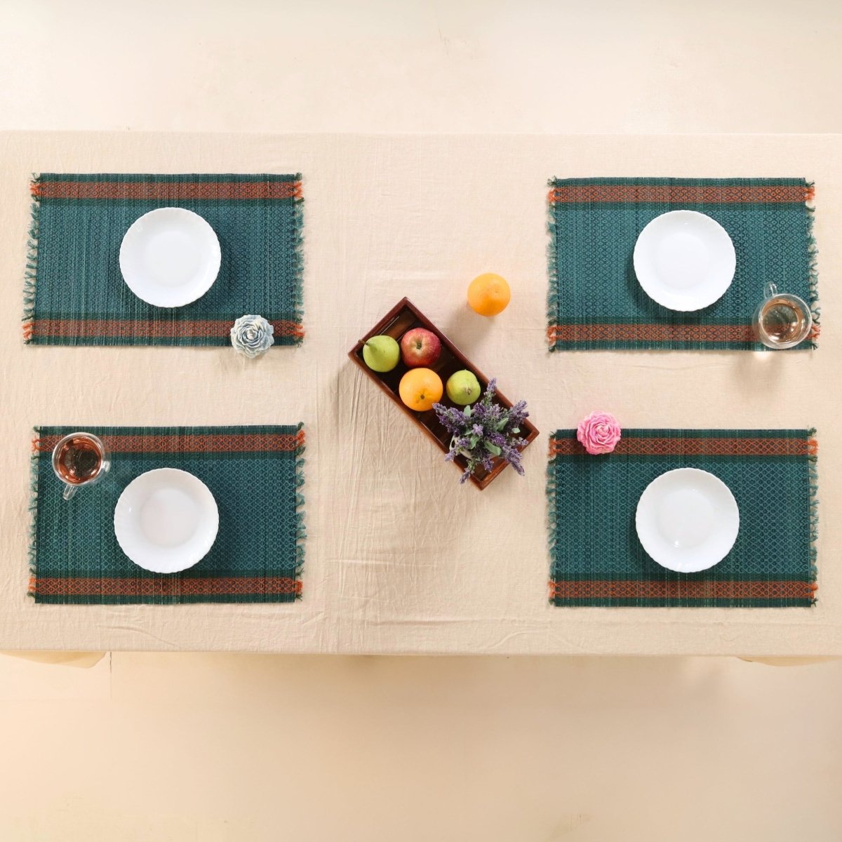 Handmade Dining Table Mats In Teal (Set Of 4/6) | Eco Friendly Tableware Sustainably Handwoven from Natural Grass