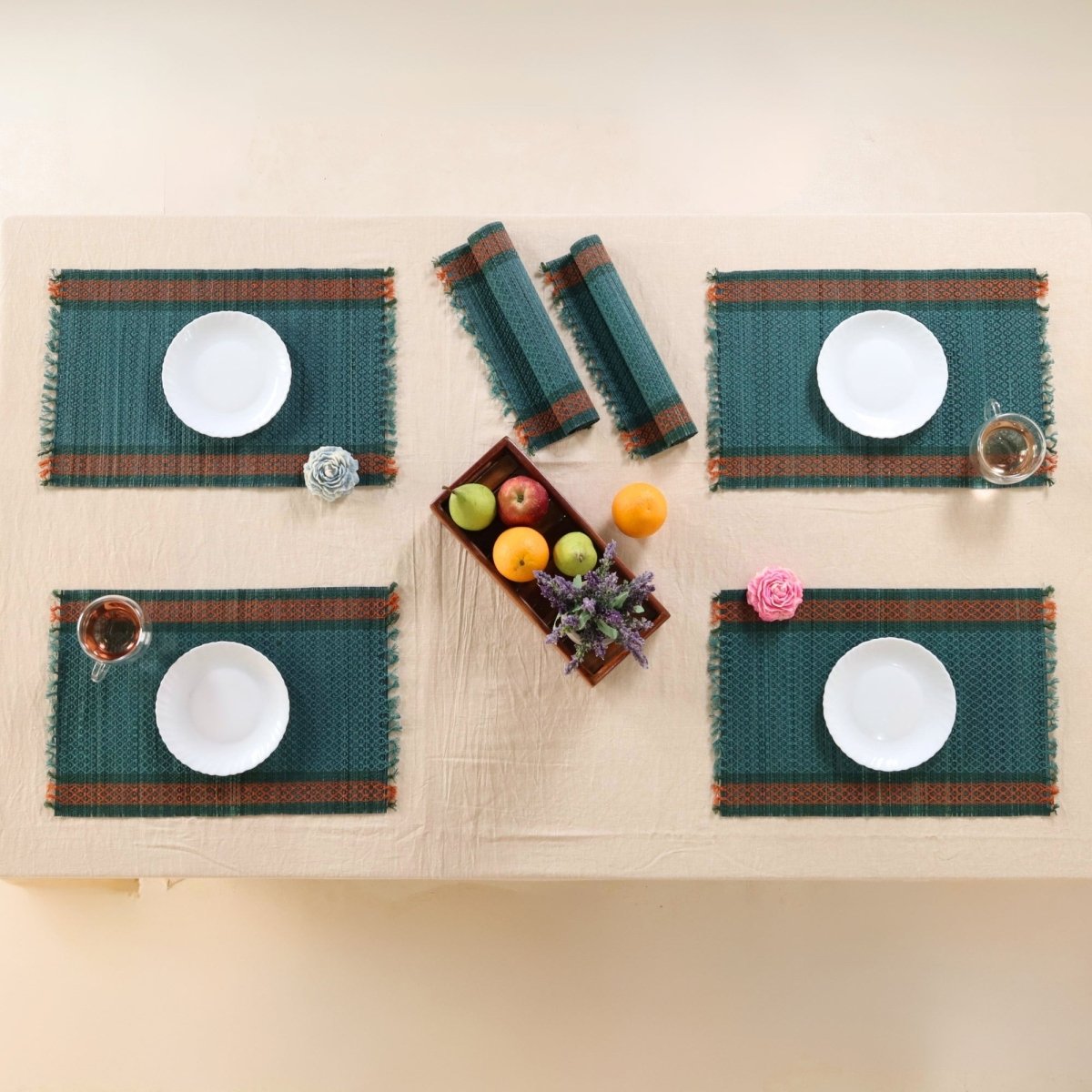 Handmade Dining Table Mats In Teal (Set Of 4/6) | Eco Friendly Tableware Sustainably Handwoven from Natural Grass