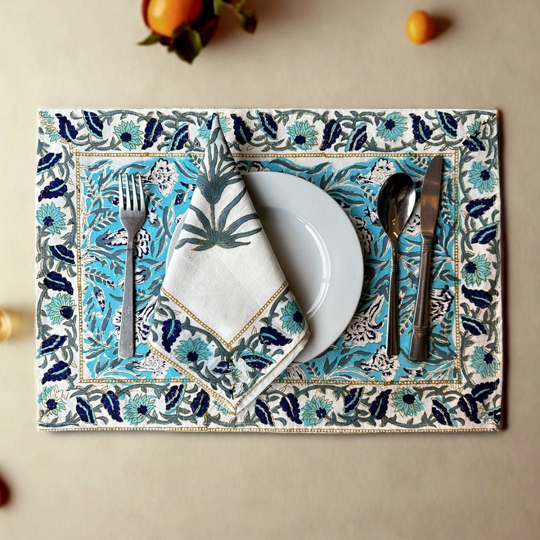 Handmade Dining Table Mats & Napkins in White & Floral (Set of 6) | Eco Friendly Tableware Sustainably Handwoven in Pure Cotton