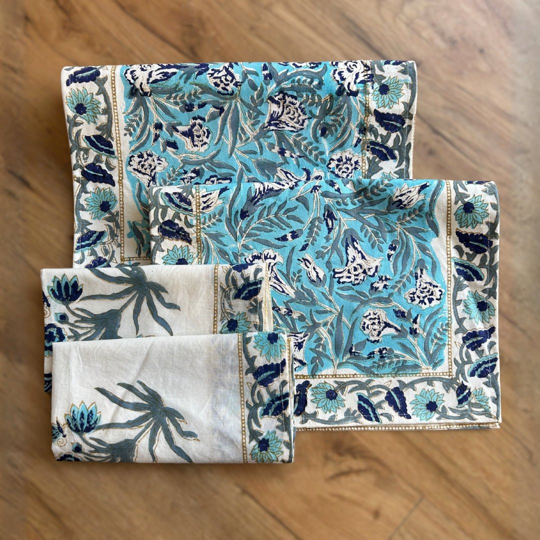 Handmade Dining Table Mats & Napkins in White & Floral (Set of 6) | Eco Friendly Tableware Sustainably Handwoven in Pure Cotton