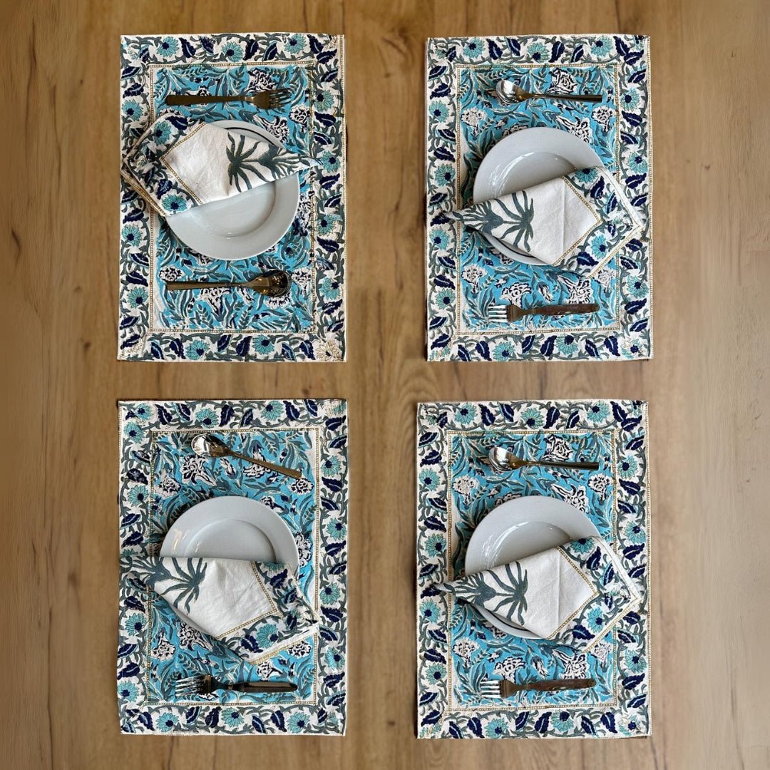 Handmade Dining Table Mats & Napkins in White & Floral (Set of 6) | Eco Friendly Tableware Sustainably Handwoven in Pure Cotton