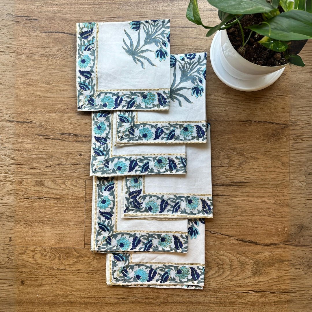 Handmade Dining Table Mats & Napkins in White & Floral (Set of 6) | Eco Friendly Tableware Sustainably Handwoven in Pure Cotton