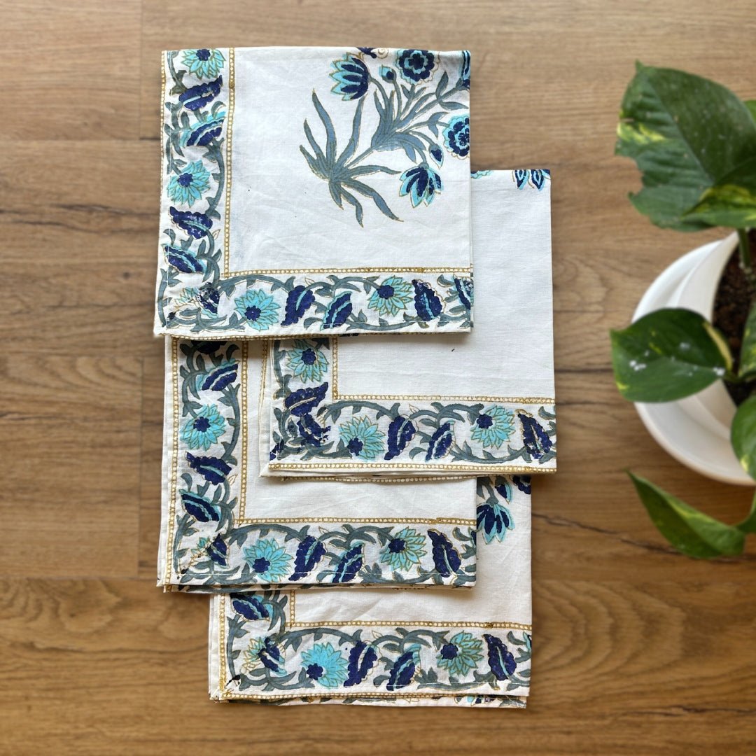 Handmade Dining Table Mats & Napkins in White & Floral (Set of 6) | Eco Friendly Tableware Sustainably Handwoven in Pure Cotton