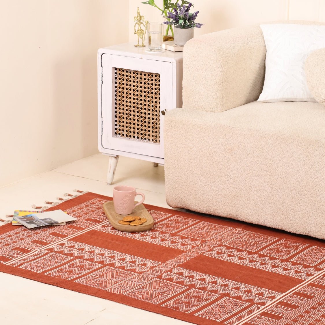Handprinted Cotton Rug In Rust Brown | Floor Rugs | Mandana Block Design | Handmade In India