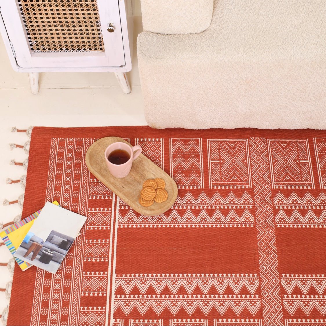Handprinted Cotton Rug In Rust Brown | Floor Rugs | Mandana Block Design | Handmade In India