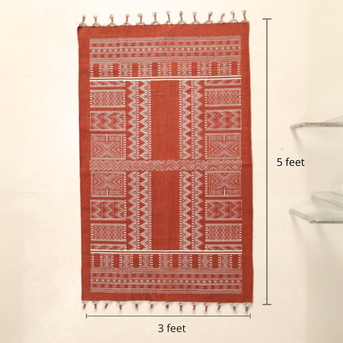 Handprinted Cotton Rug In Rust Brown | Floor Rugs | Mandana Block Design | Handmade In India