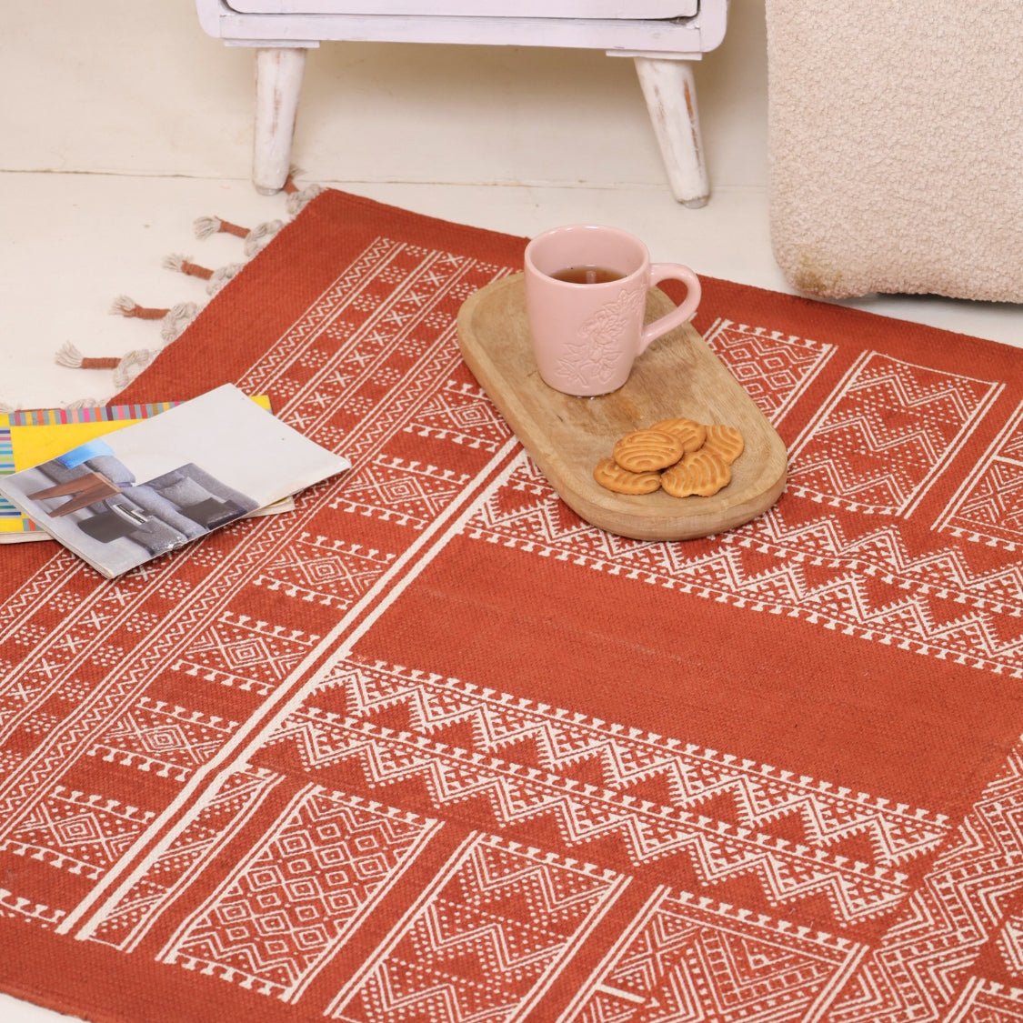 Handprinted Cotton Rug In Rust Brown | Floor Rugs | Mandana Block Design | Handmade In India