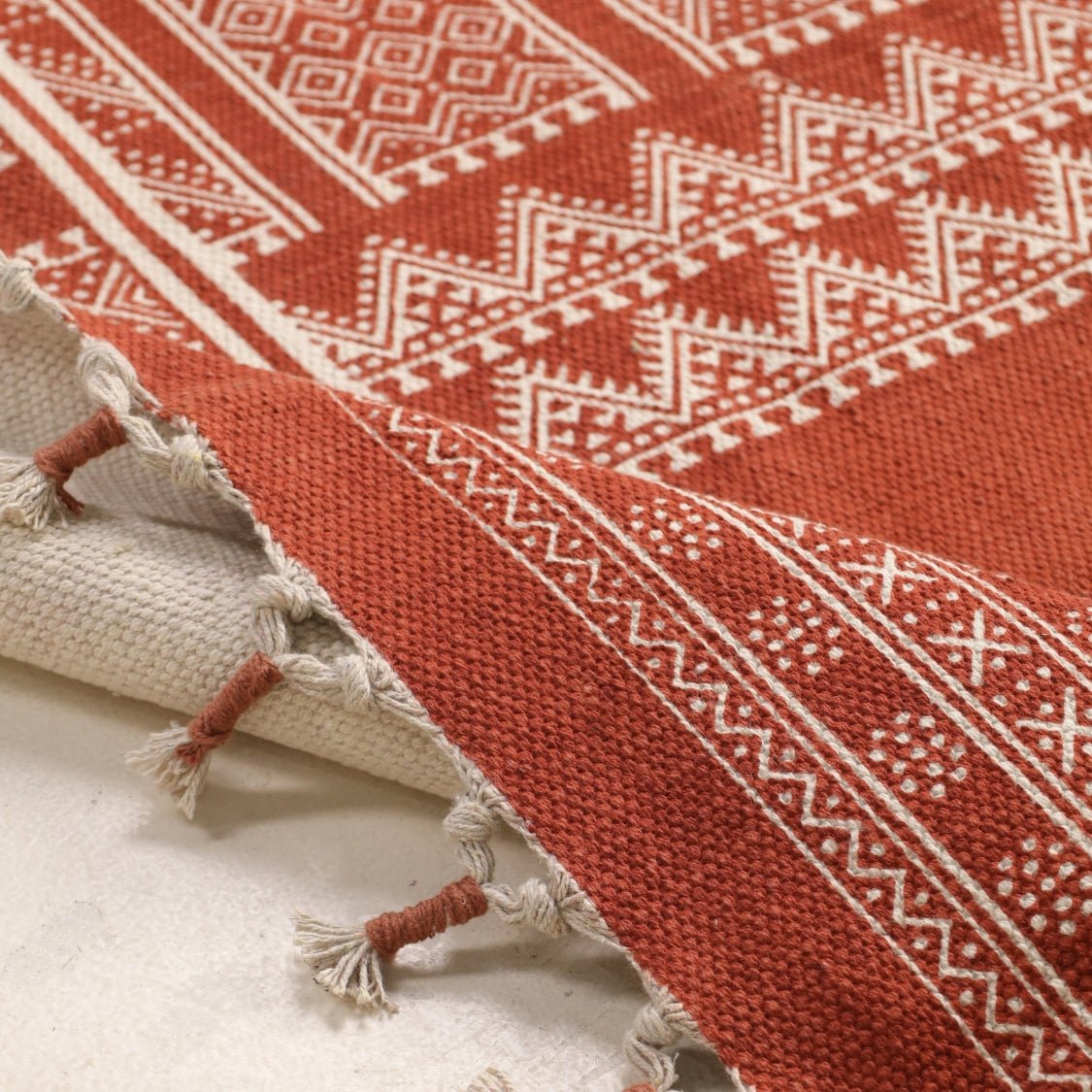 Handprinted Cotton Rug In Rust Brown | Floor Rugs | Mandana Block Design | Handmade In India