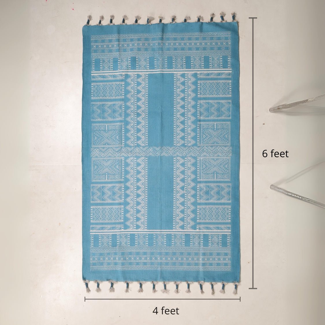 Handprinted Cotton Rug In Teal | Floor Rugs | Handmade In India