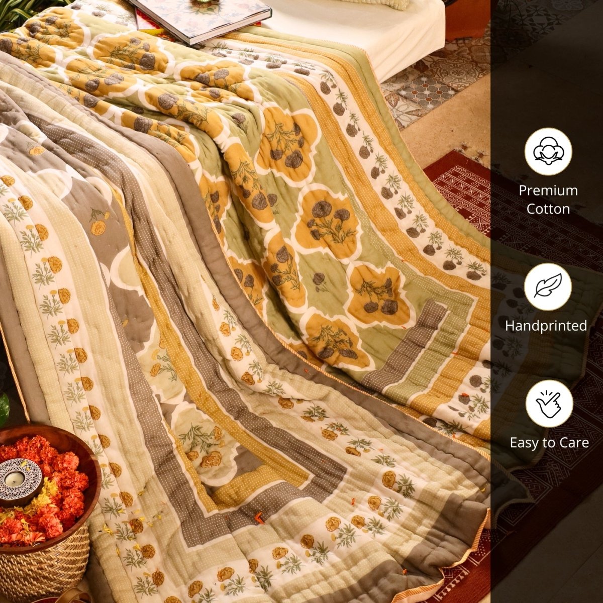 Ivory and Taupe Cotton Bedcover | Marigold Collection