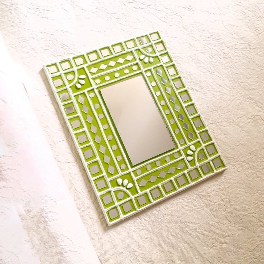 Artisanal lime green handcrafted mirror work wall decor, showcasing traditional craftsmanship