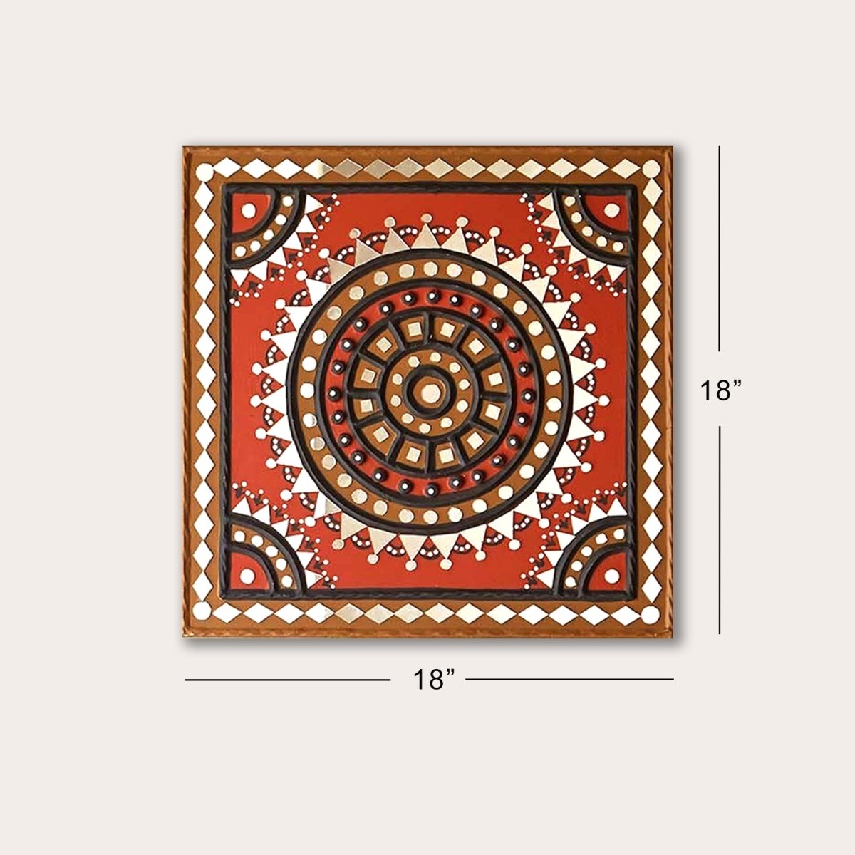 Artisanal red and black handcrafted square mud wall art, showcasing traditional style