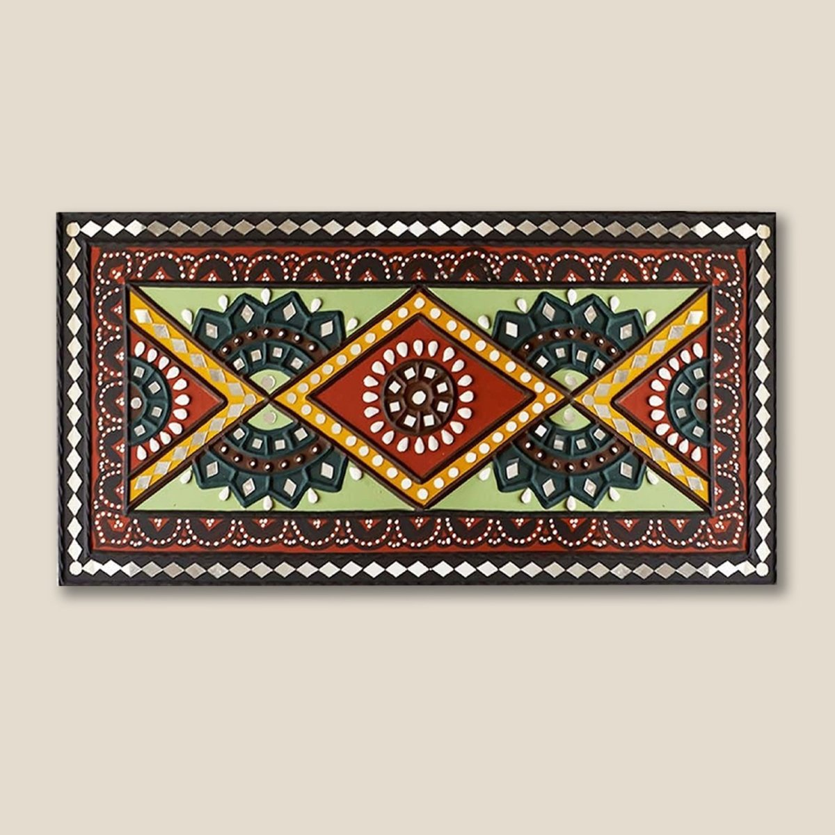 Artisanal green and brown handcrafted mud and mirror work wall art, showcasing traditional craftsmanship