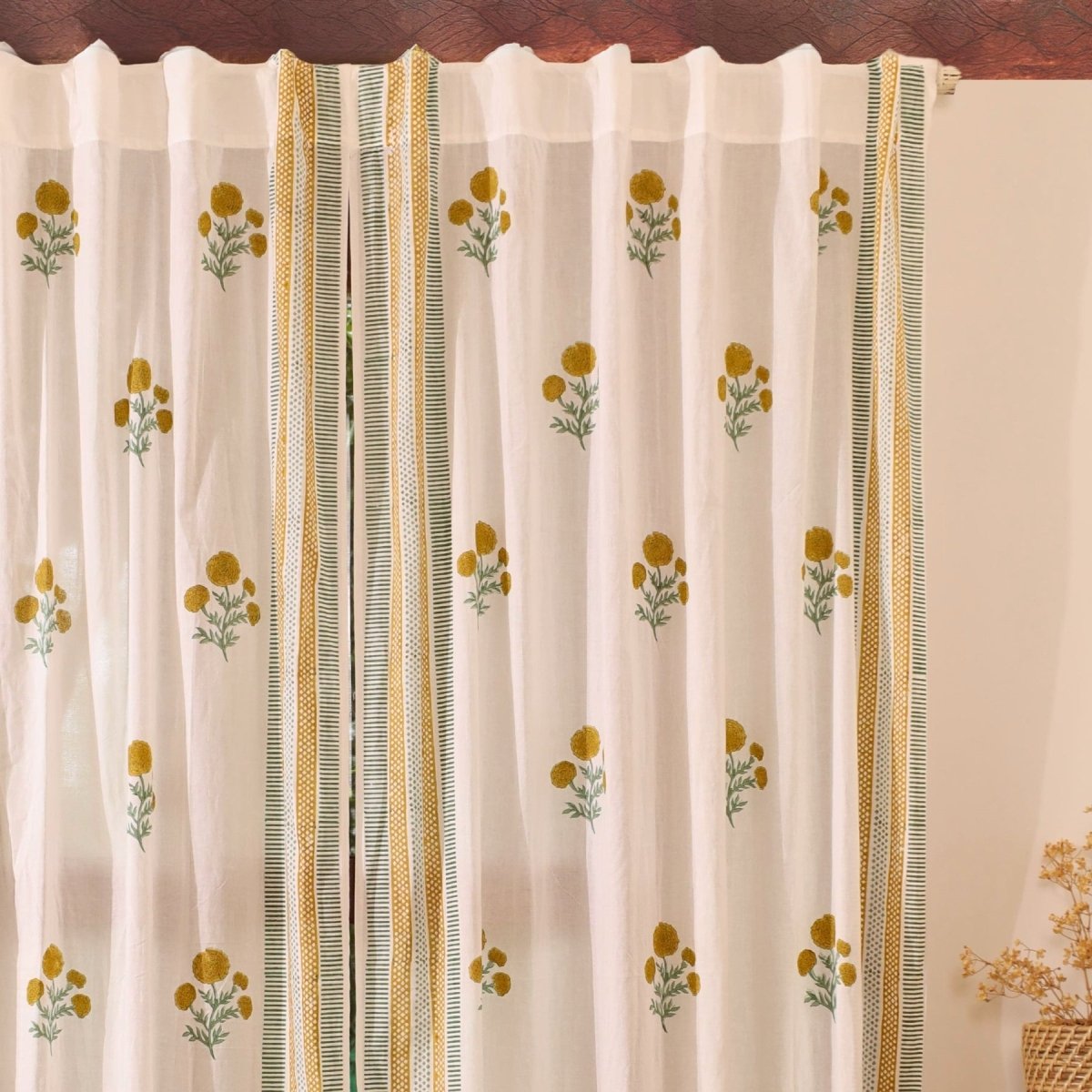 Mustard and Teal Sheer Cotton Window And Door Curtains | 5 / 7 ft | Marigold Collection