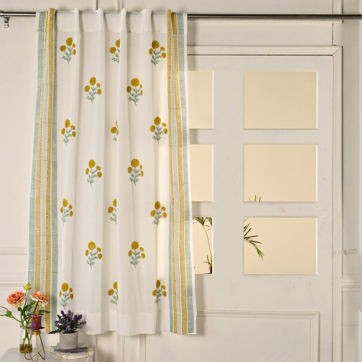 Mustard and Teal Sheer Cotton Window And Door Curtains | 5 / 7 ft | Marigold Collection