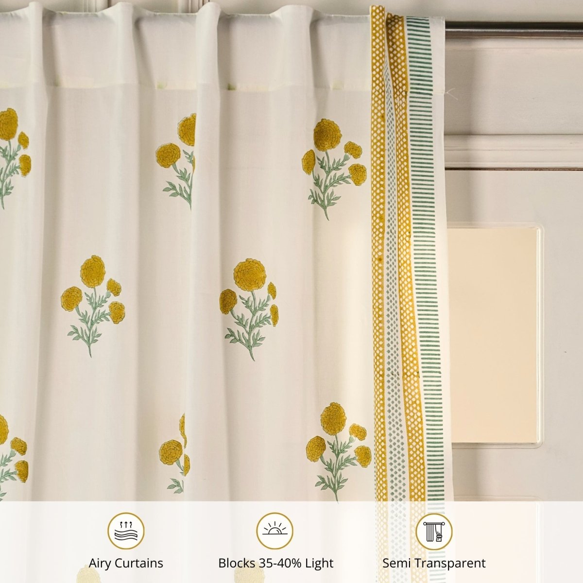 Mustard and Teal Sheer Cotton Window And Door Curtains | 5 / 7 ft | Marigold Collection
