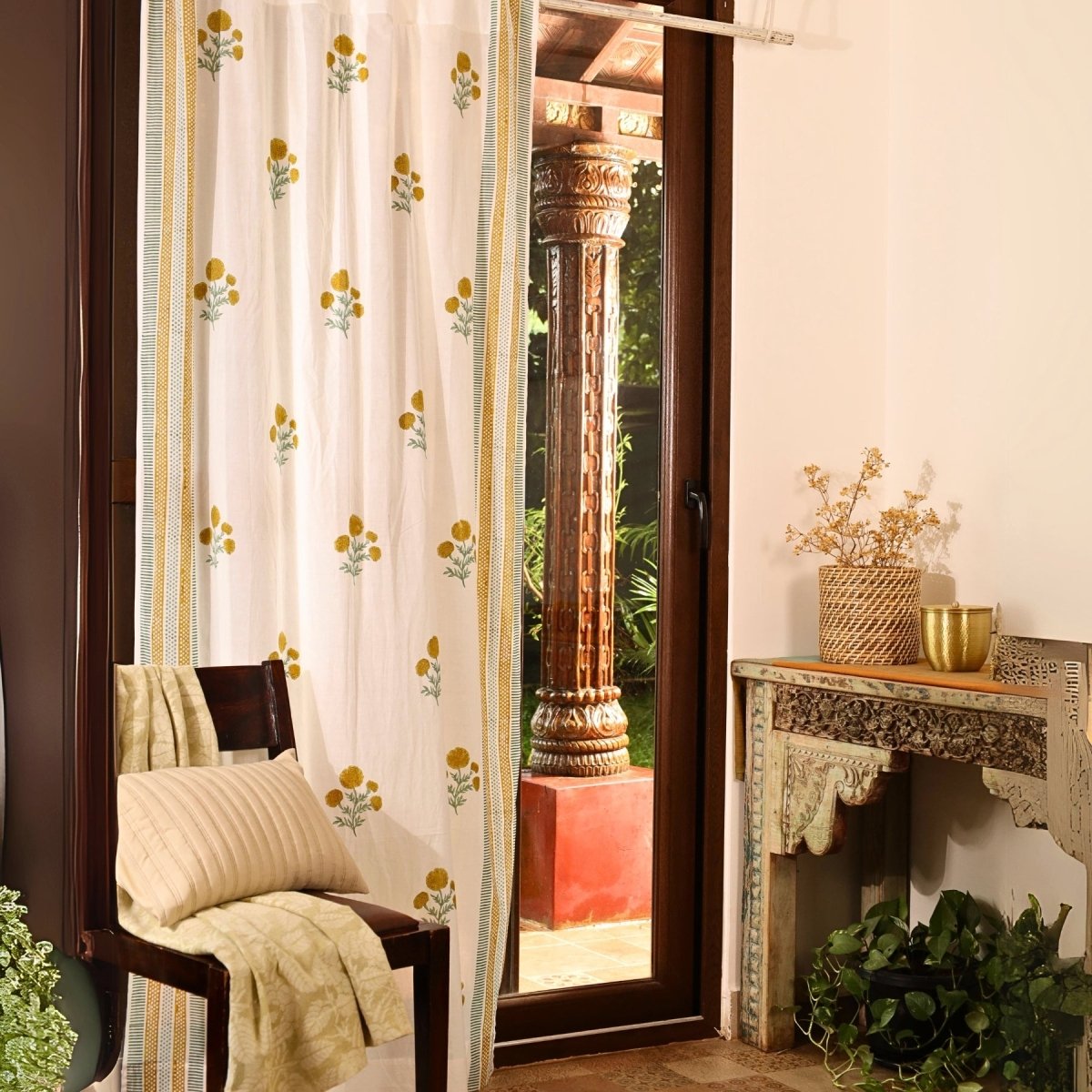 Mustard and Teal Sheer Cotton Window And Door Curtains | 5 / 7 ft | Marigold Collection