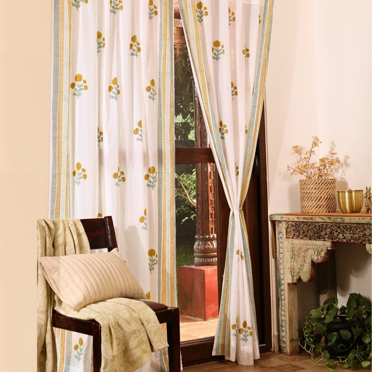 Mustard and Teal Sheer Cotton Window And Door Curtains | 5 / 7 ft | Marigold Collection
