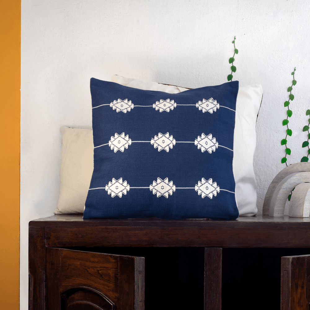 Classic Beauty: White on Blue Floral Handwoven Cushion Cover