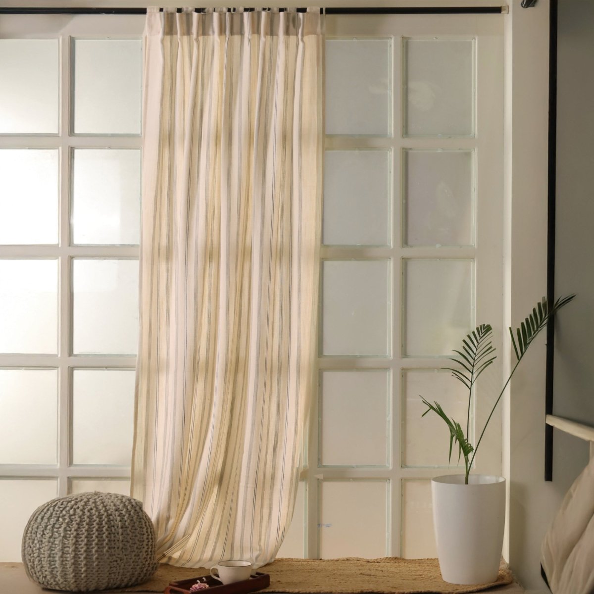 Off-White & Charcoal Handwoven Cotton Striped Curtain | 7 ft/9 ft Length