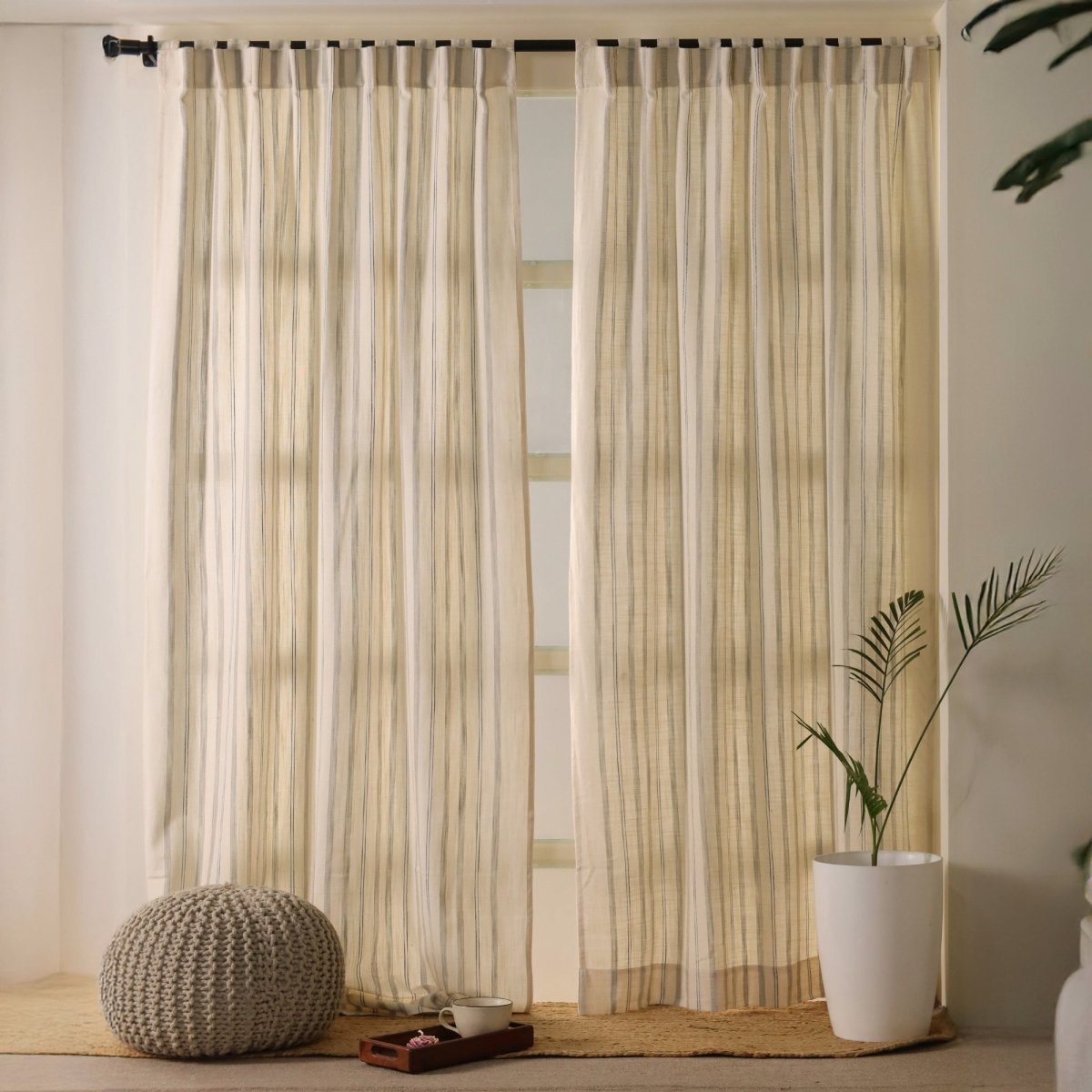 Off-White & Charcoal Handwoven Cotton Striped Curtain | 7 ft/9 ft Length
