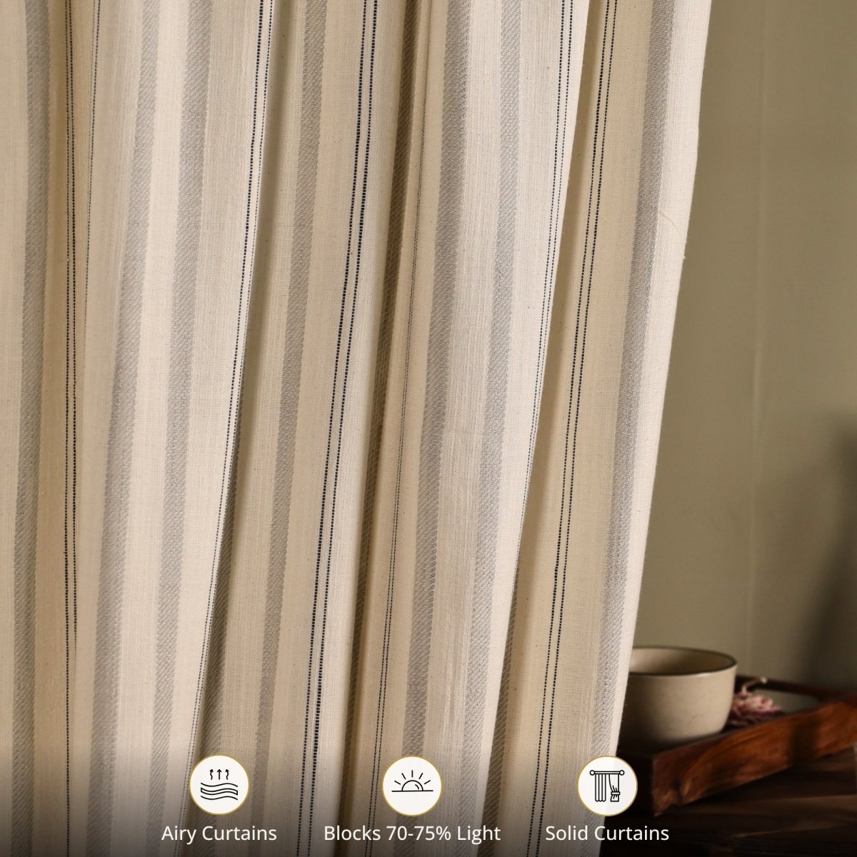 Off-White & Charcoal Handwoven Cotton Striped Curtain | 7 ft/9 ft Length