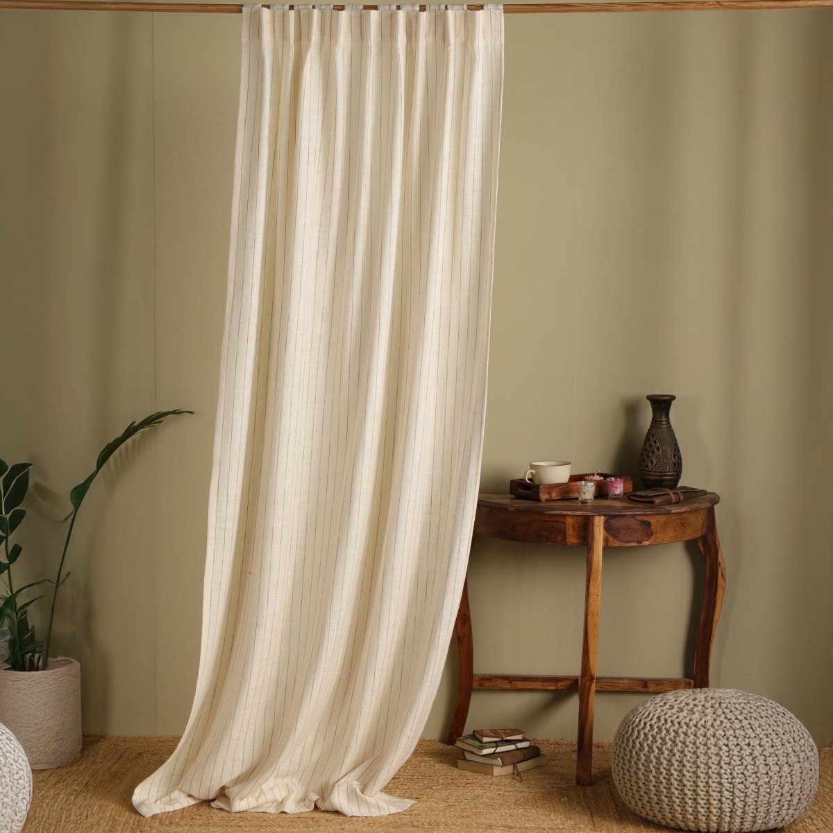 Off-White Handwoven Cotton Striped Curtain | 7 ft/9 ft Length