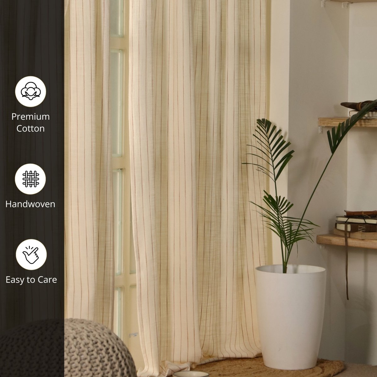 Off-White Handwoven Cotton Striped Curtain | 7 ft/9 ft Length
