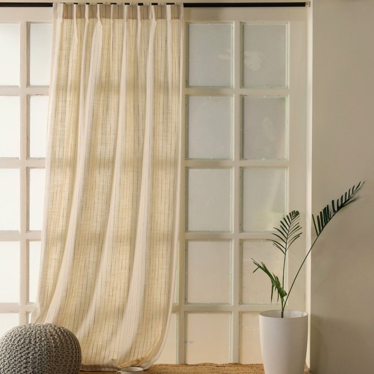 Off-White Handwoven Cotton Striped Curtain | 7 ft/9 ft Length