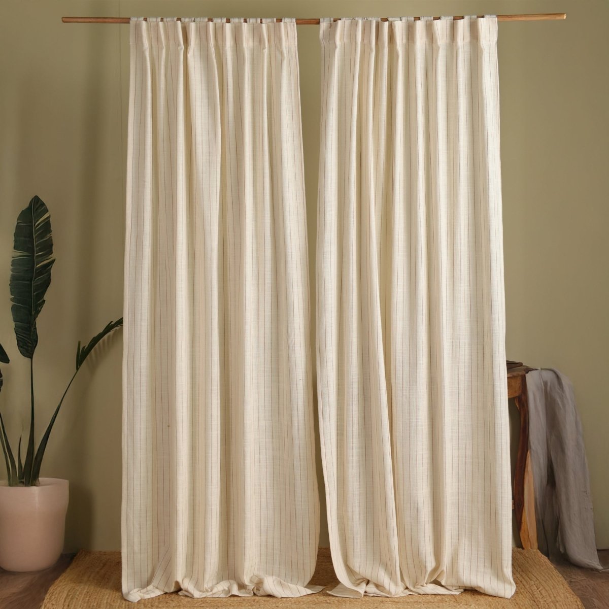 Off-White Handwoven Cotton Striped Curtain | 7 ft/9 ft Length