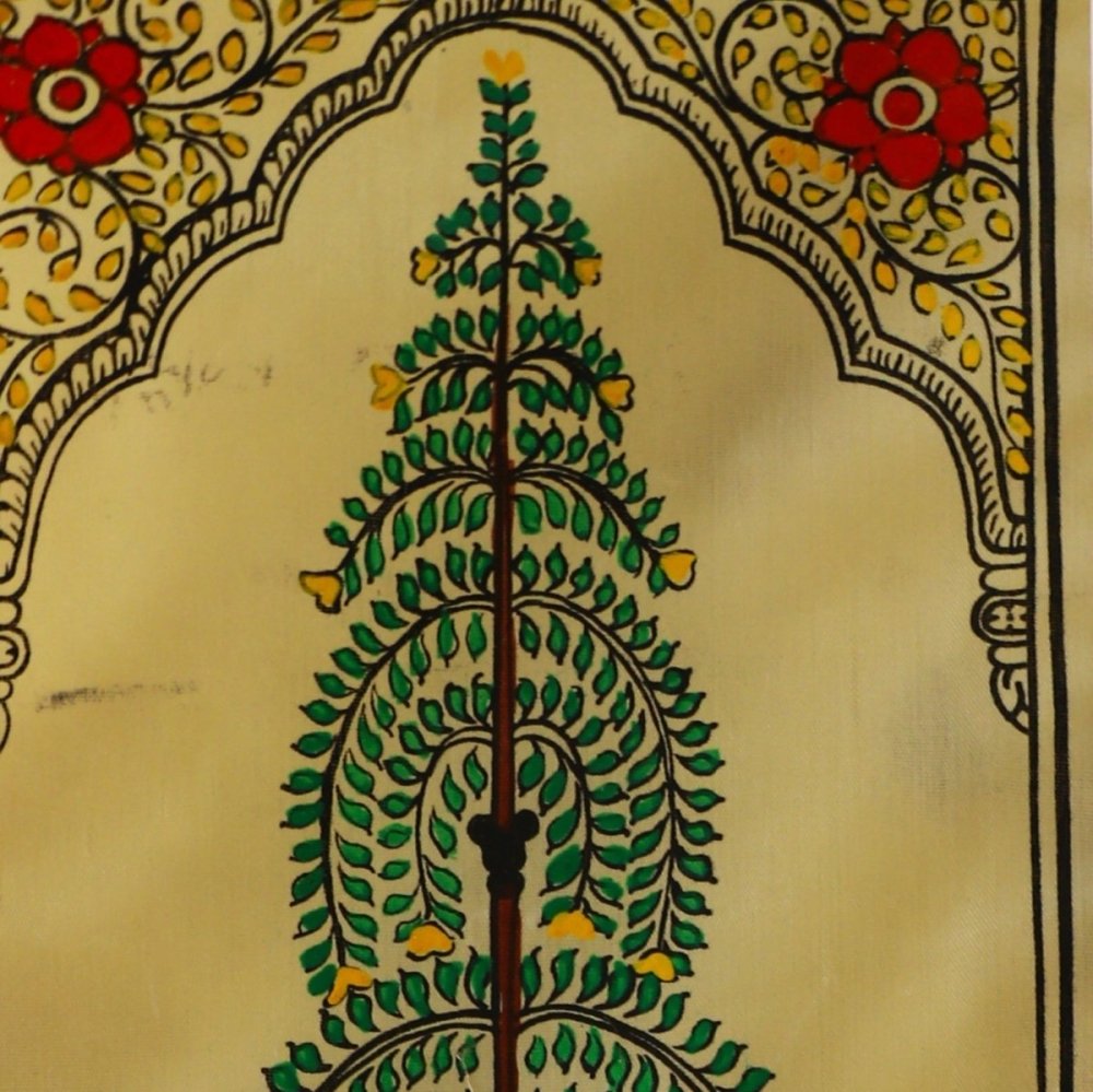 Elegant Sage Tussar Pattachitra, Artistic Indian Craftsmanship