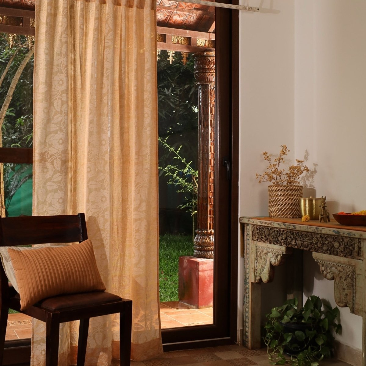 Peach Yellow Semi-Transparent Curtain for Door | Length 7ft | Marigold Collection