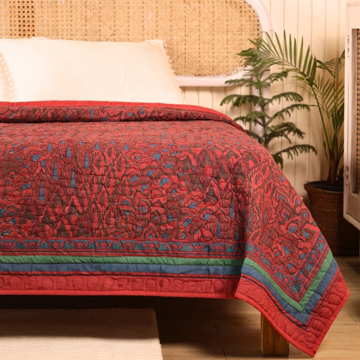 Pure Cotton All Weather Comforter in Brick Red and Navy Blue colours | Versatile as Quilts or AC Blanket or Quilted Bedcover | Avbl in Single and Queen sizes | Dry Clean Only | Chintz Collection