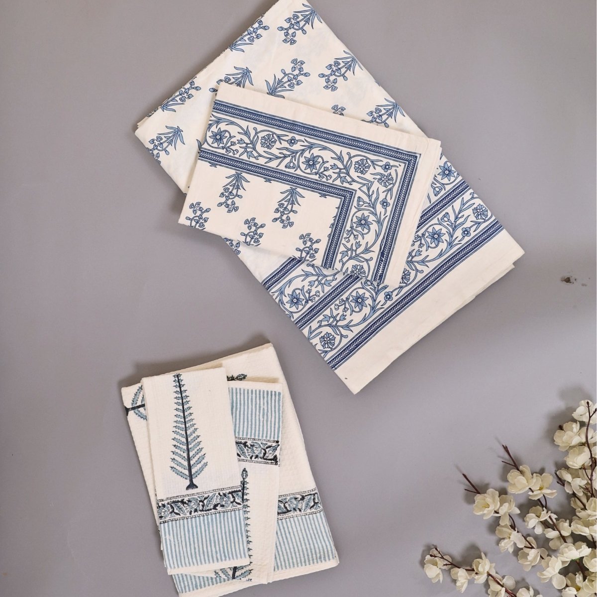 Pure Cotton Bedsheets and Towel Gifting Set| White and Blue Floral Pattern | Handmade In India