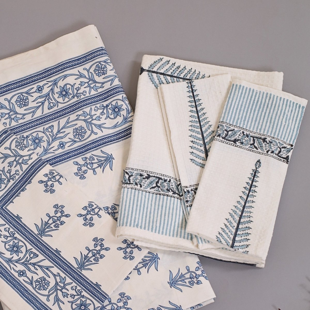 Pure Cotton Bedsheets and Towel Gifting Set| White and Blue Floral Pattern | Handmade In India