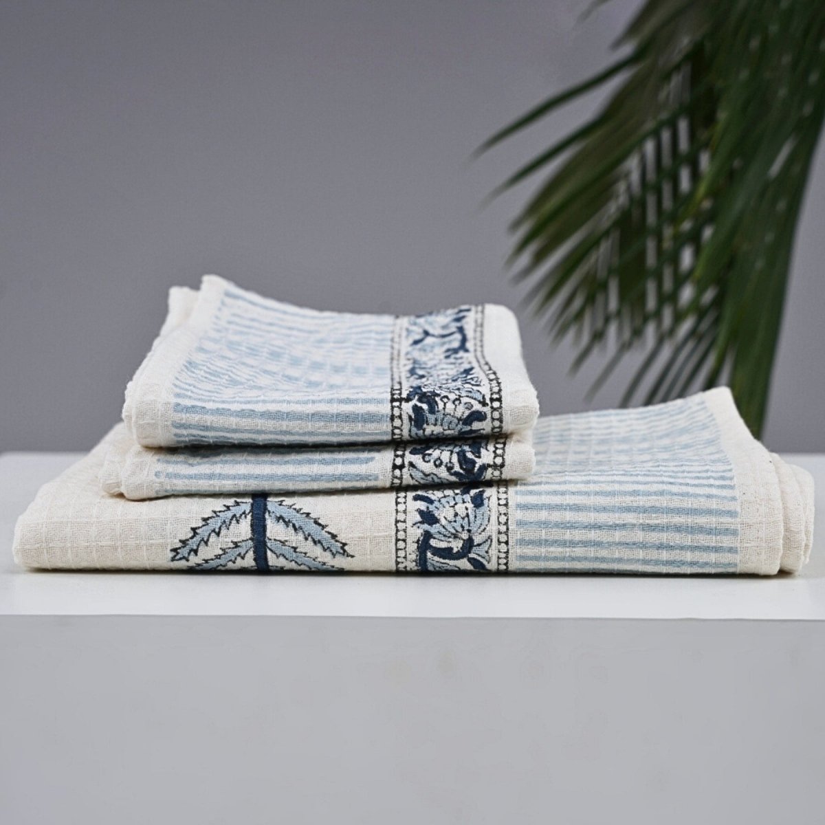 Pure Cotton Bedsheets and Towel Gifting Set| White and Blue Floral Pattern | Handmade In India