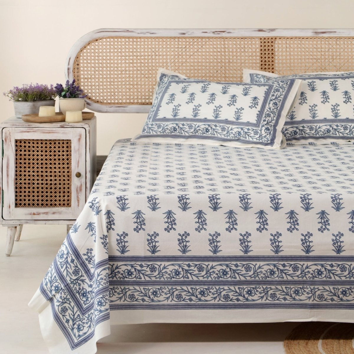 Pure Cotton Bedsheets and Towel Gifting Set| White and Blue Floral Pattern | Handmade In India